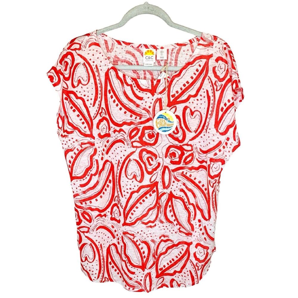C & C California Red White Floral Linen Top Large NWT Cap Short Sleeves Shirt